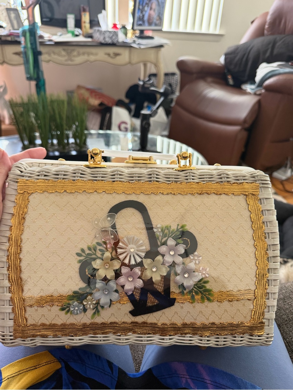 Vintage Charming by Atlas Wicker Box Purse | Lucite Handles | Floral Appliqué